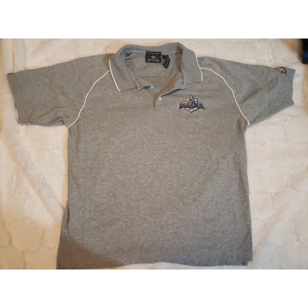Antigua Men's Size Medium Gray 2007 Stanley Cup Polo Short Sleeve Anaheim Ducks